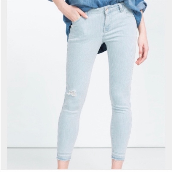 ZARA Basic Denim Mid Rise Straight Leg Pinstriped Blue Jeans Size 6 - Picture 5 of 5